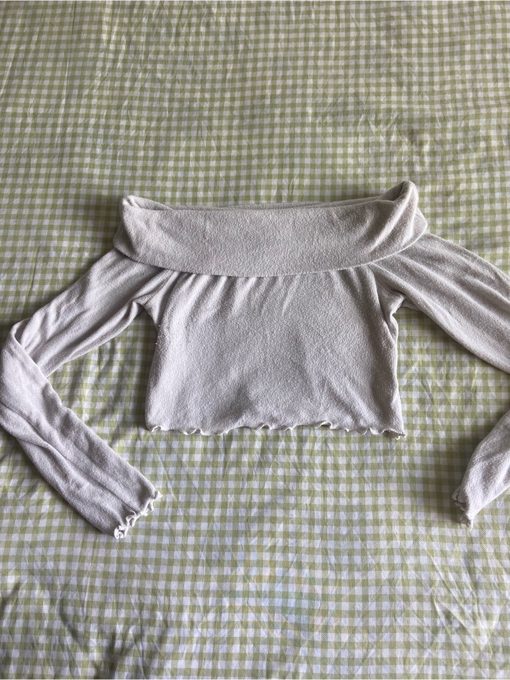 Le Lis Light Taupe Knit Off the Shoulder Sweater Lettuce Hem Cropped